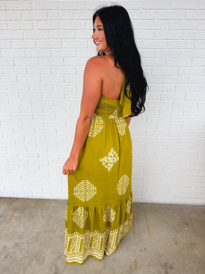 Smocked Border Print Maxi Dress - Olive Palm