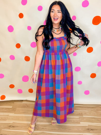Multicolour Plaid Midi Dress - Navy Combo