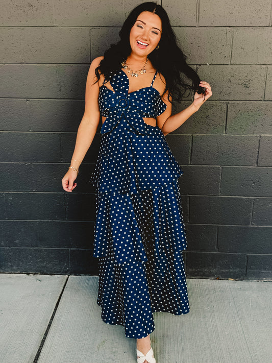 Denim Floral Embroidered Tiered Flare Maxi Dress