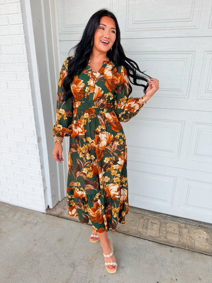 Smocked Floral Printed Long Sleeve Midi Dress - Green Multi