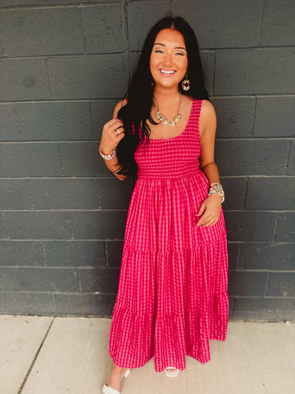Gingham Smocked Bodice Tiered Maxi Dress - Fuchsia Multi