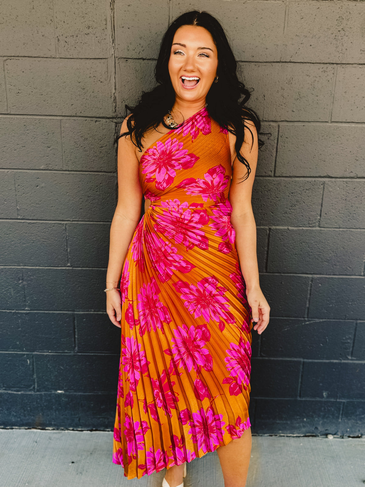 One Shoulder Asymmetrical Pleated Maxi Dress - Hibiscus Mango