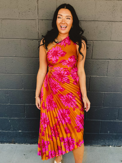 One Shoulder Asymmetrical Pleated Maxi Dress - Hibiscus Mango