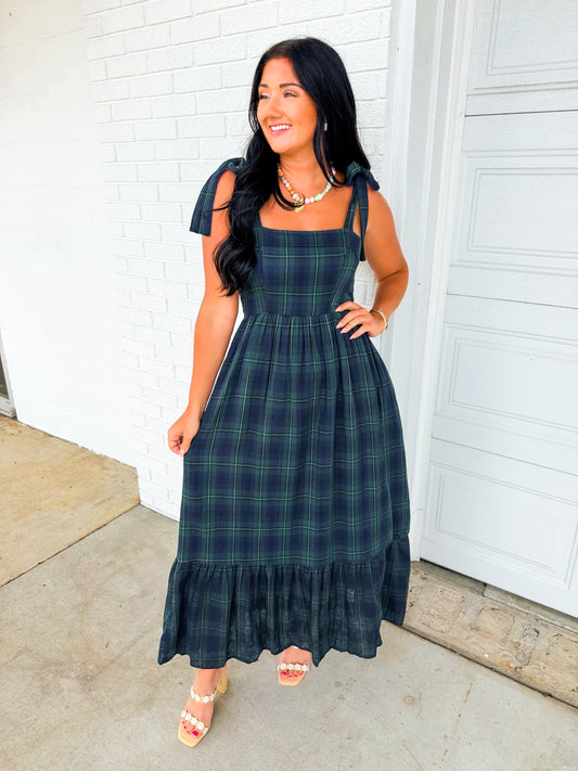 Plaid Shoulder Tie Cotton Maxi Dress - Green/Navy