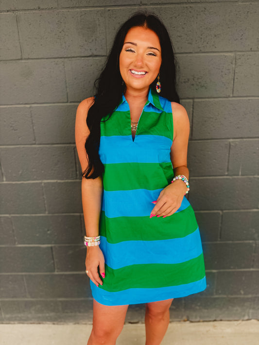Striped Collared Shift Mini Dress - Blue Garden
