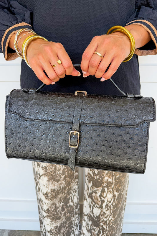 Black Textured Faux Leather Snap Button Clutch/Crossbody