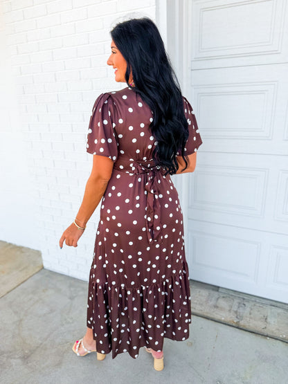 Polka Dot Flutter Sleeve Maxi Dress - Mocha