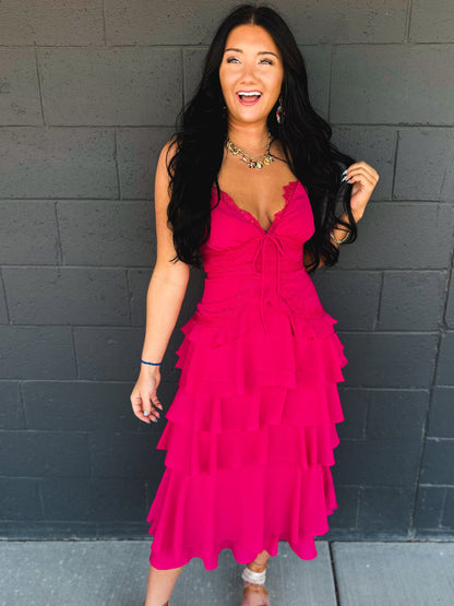 Lace Trim Tiered Midi Dress - Hot Pink