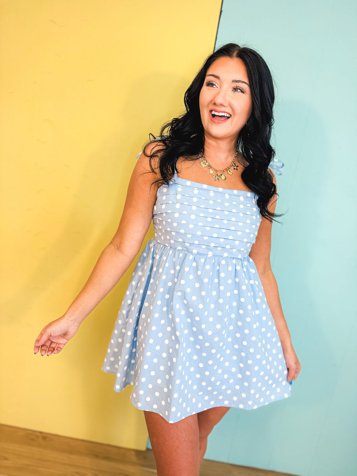 Polka Dot Pleated Mini Dress - Sky/White