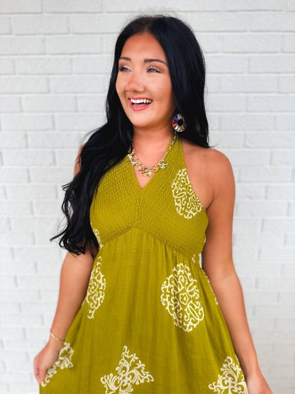 Smocked Border Print Maxi Dress - Olive Palm