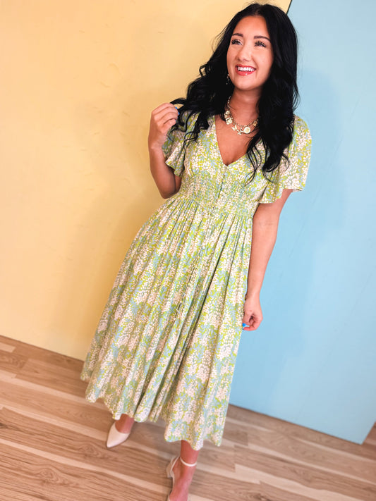 Smocked Waist Button Down Floral Maxi Dress - Fern