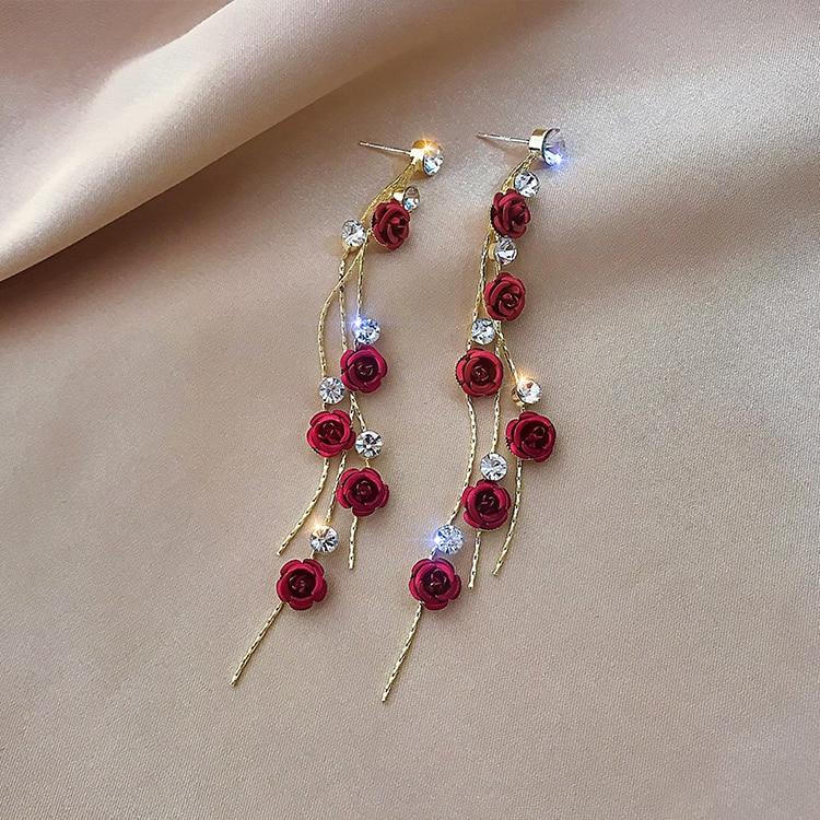 Rose Cabochon Threader Earrings with Rhinestone Chain Detail