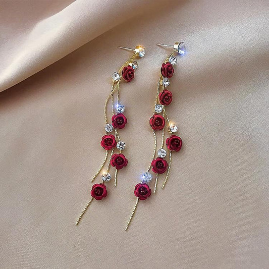 Rose Cabochon Threader Earrings with Rhinestone Chain Detail