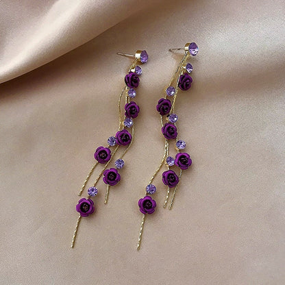 Rose Cabochon Threader Earrings with Rhinestone Chain Detail
