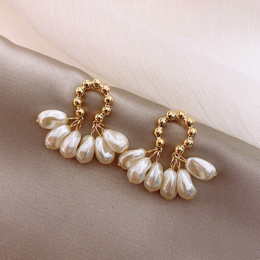 Baroque Pearl Cluster Drop Earrings with Gold-Tone Leaf Accent