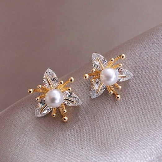 Floral Marquise Crystal Stud Earrings with Pearl Centre