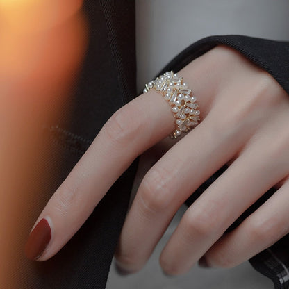 Pearl Cluster Cuff Ring with Gold-Tone Filigree