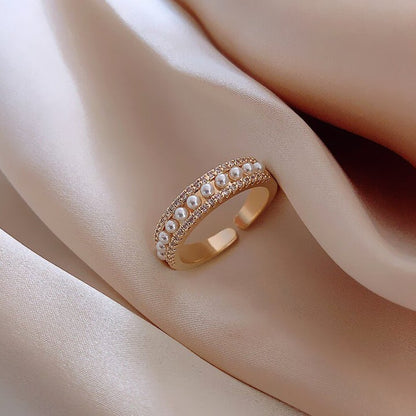 Pearl & Rhinestone Open Cuff Ring, Gold-Tone Band