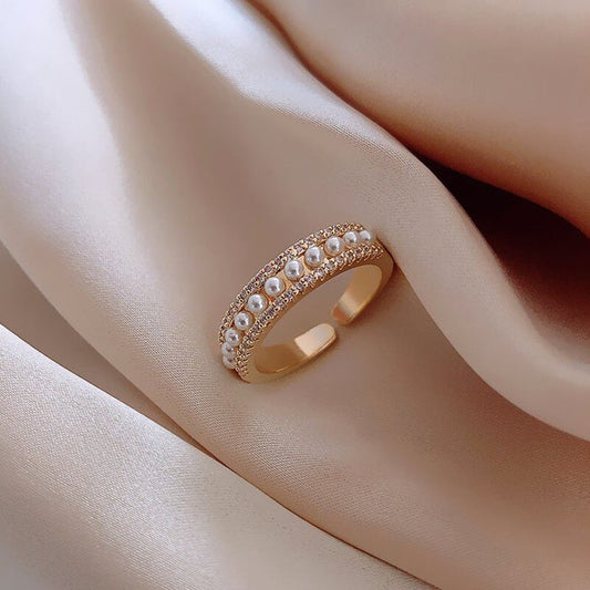 Pearl & Rhinestone Open Cuff Ring, Gold-Tone Band