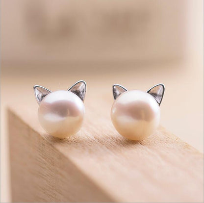 Cat Ear Pearl Stud Earrings in Silver Tone