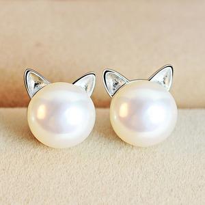 Cat Ear Pearl Stud Earrings in Silver Tone