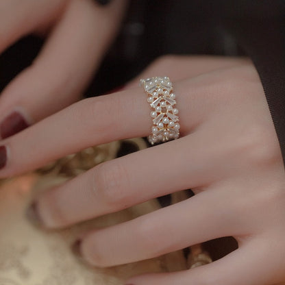 Pearl Cluster Cuff Ring with Gold-Tone Filigree