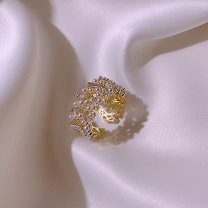 Pearl Cluster Cuff Ring with Gold-Tone Filigree