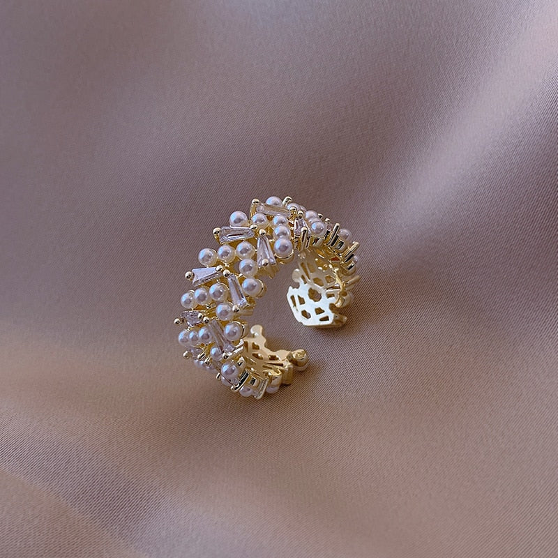 Pearl Cluster Cuff Ring with Gold-Tone Filigree