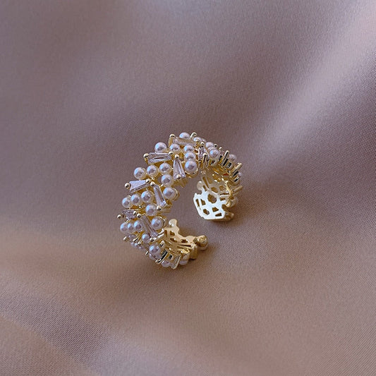 Pearl Cluster Cuff Ring with Gold-Tone Filigree