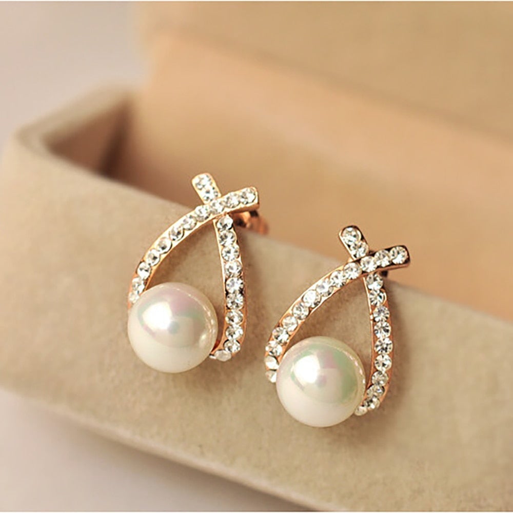 Bow Pearl Drop Earrings with Crystal Accents in Rose Gold Tone