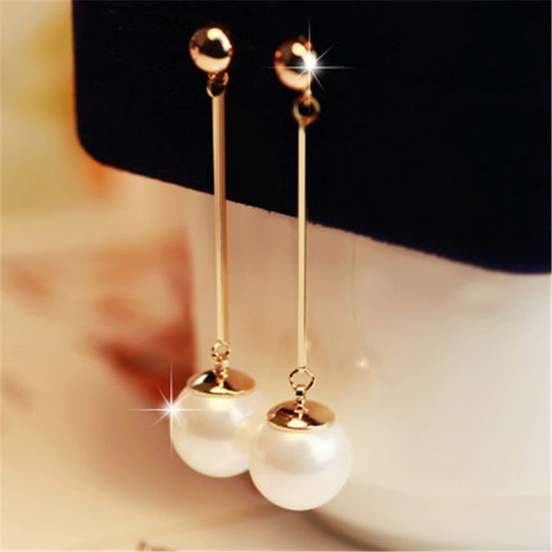 White Pearl Drop Earrings with Gold-Tone Accent
