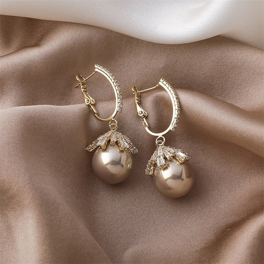 Pearl Drop Earrings with Leaf Cap and Rhinestone Hoop Detail