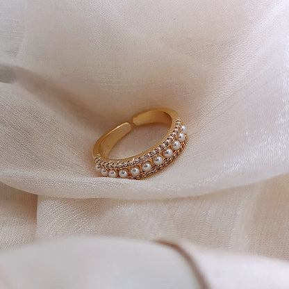 Pearl & Rhinestone Open Cuff Ring, Gold-Tone Band