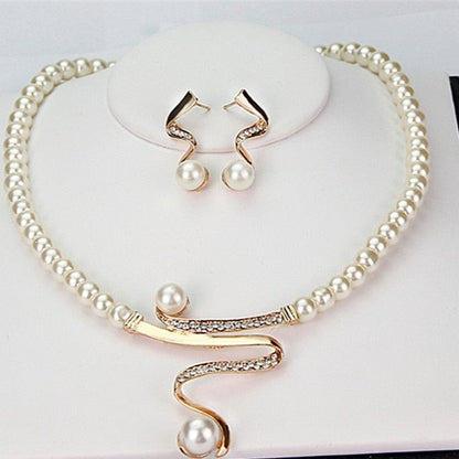 Pearl Drop Necklace & Earring Set with Curved Bar & Crystal Accents