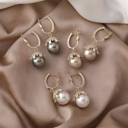 Pearl Drop Earrings with Leaf Cap and Rhinestone Hoop Detail