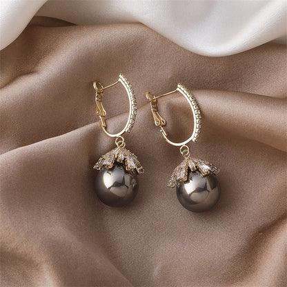 Pearl Drop Earrings with Leaf Cap and Rhinestone Hoop Detail
