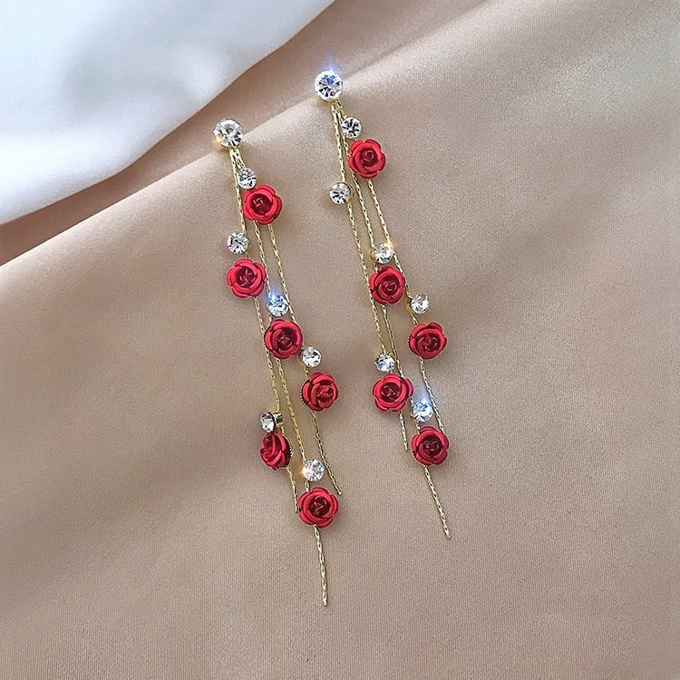 Rose Cabochon Threader Earrings with Rhinestone Chain Detail