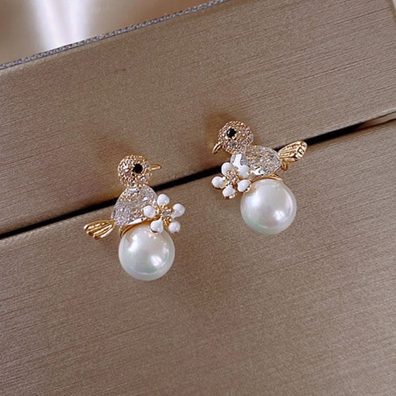 Bird Motif Pearl Drop Earrings with Cubic Zirconia Accents