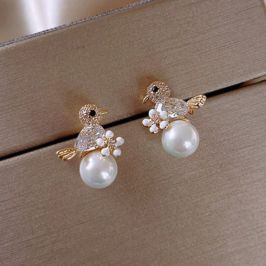 Bird Motif Pearl Drop Earrings with Cubic Zirconia Accents