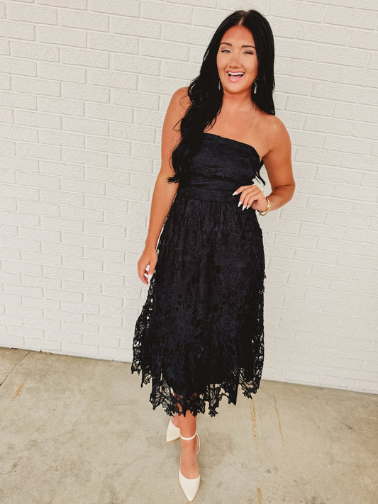 Strapless Woven Lace Midi Dress - Black