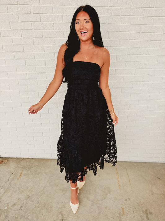 Strapless Woven Lace Midi Dress - Black