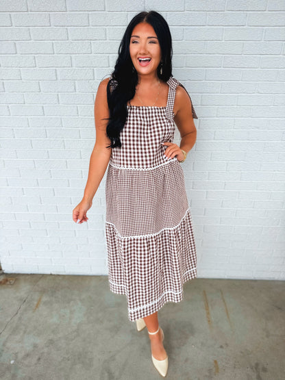 Multi-Gingham Print Tiered Midi Dress - Choco/Cream
