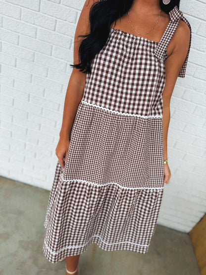 Multi-Gingham Print Tiered Midi Dress - Choco/Cream