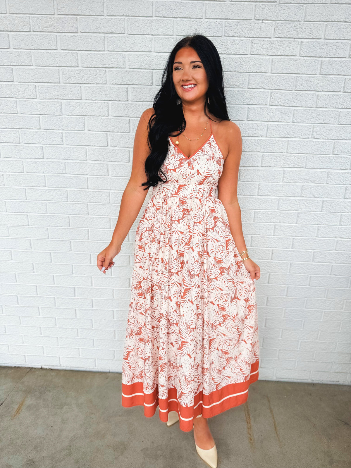 Resort Print Halter Tie Maxi Dress - Terracotta