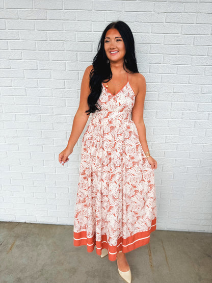 Resort Print Halter Tie Maxi Dress - Terracotta