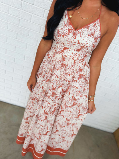 Resort Print Halter Tie Maxi Dress - Terracotta