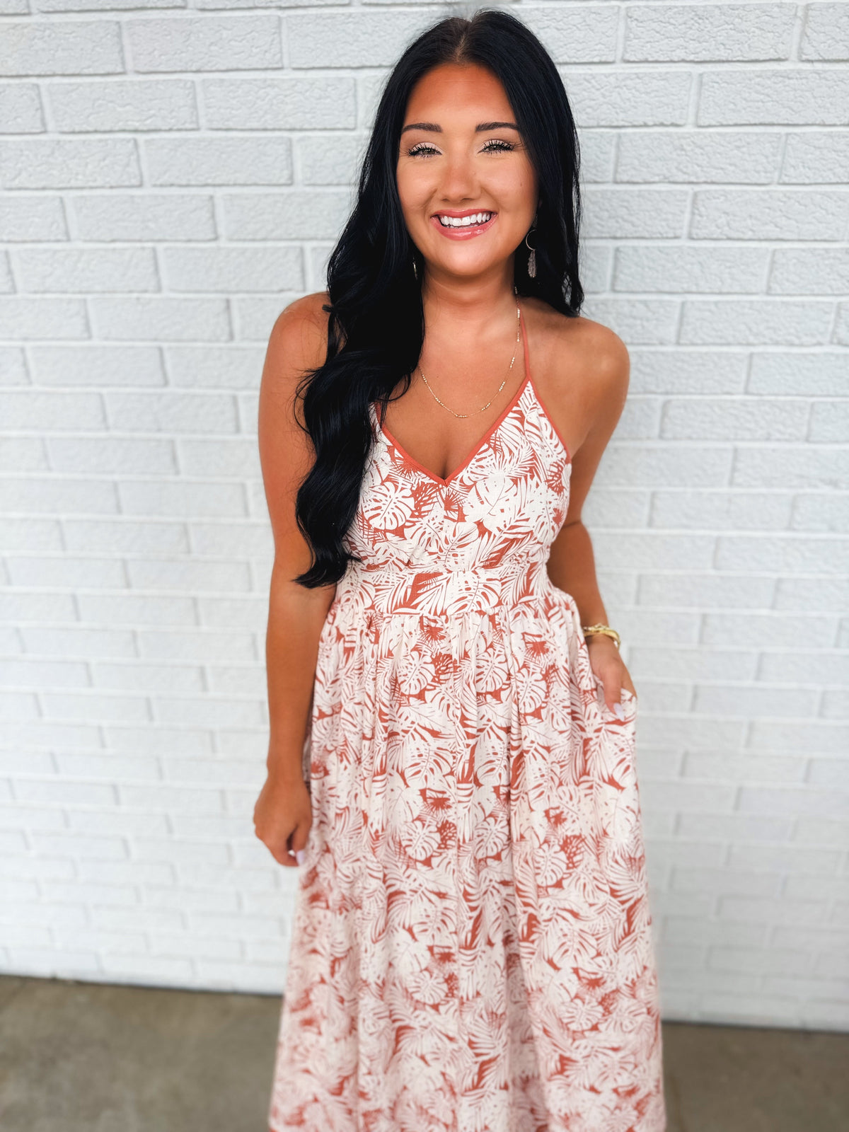 Resort Print Halter Tie Maxi Dress - Terracotta