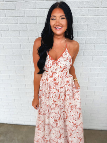 Resort Print Halter Tie Maxi Dress - Terracotta