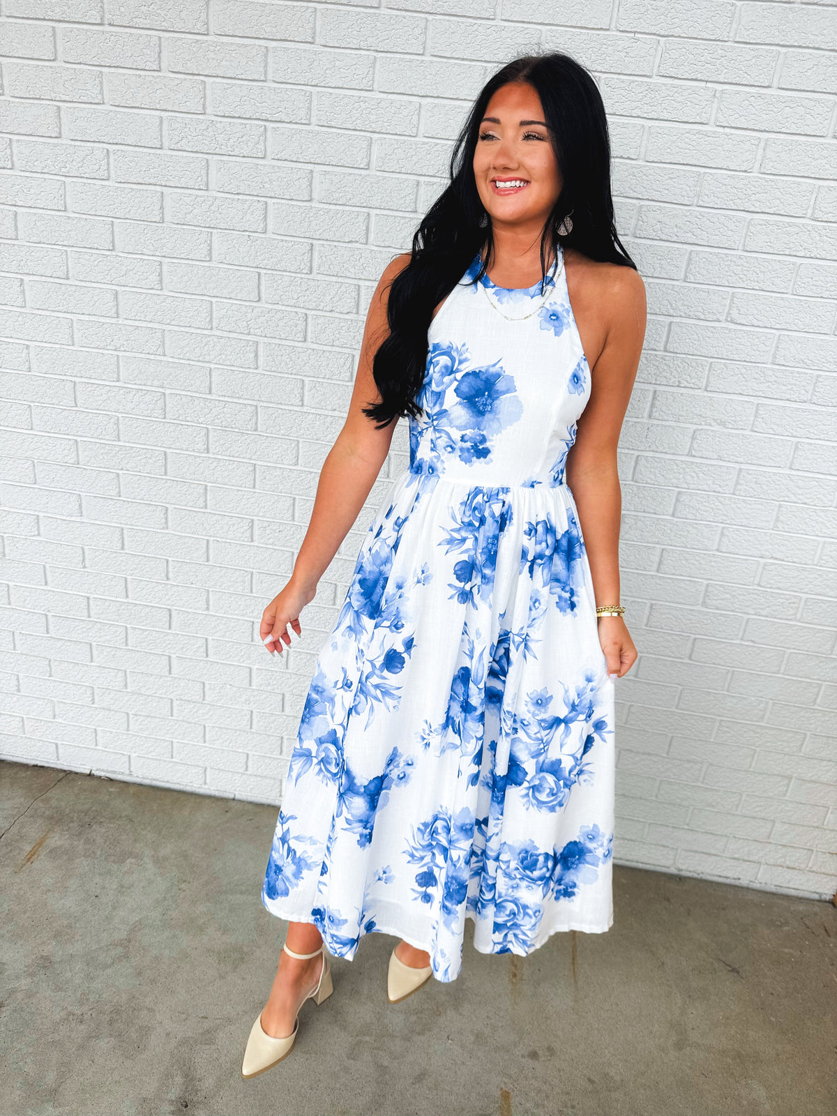 Floral Print High Neck Halter Midi Dress - Blue