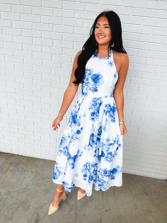 Floral Print High Neck Halter Midi Dress - Blue